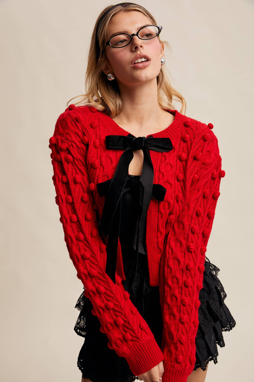 Pom Cable Knit Tie Cardigan Listicle