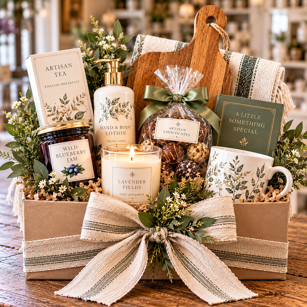 Cozy farmhouse corporate gift basket with gourmet foods, candles, bath and body, tea and home gifts from Lavender Fields