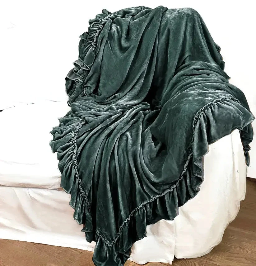 Linen Salvage Luxe Isabella Tatter Velvet Ruffle Throw - Aloe Linen Salvage Luxe