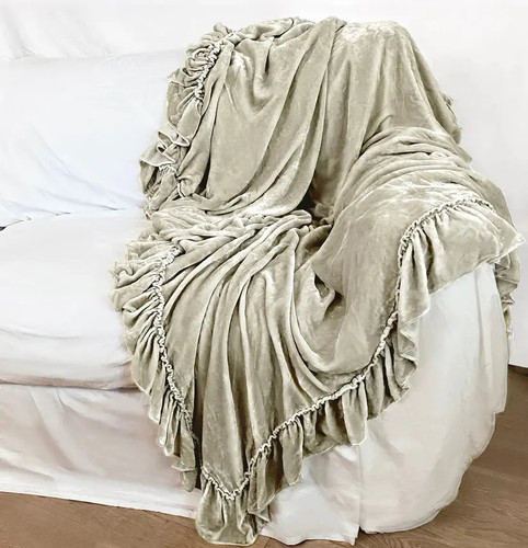 Linen Salvage Luxe Isabella Tatter Velvet Ruffle Throw - Champagne Linen Salvage Luxe