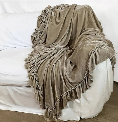 Linen Salvage Luxe Isabella Tatter Velvet Ruffle Throw - Natural Linen Salvage Luxe