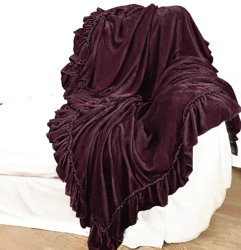 Linen Salvage Luxe Isabella Tatter Velvet Ruffle Throw - Aubergine Linen Salvage Luxe