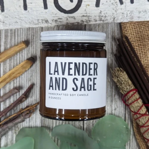 Earth & Anchor Lavender and Sage 8 oz soy candle in amber glass jar