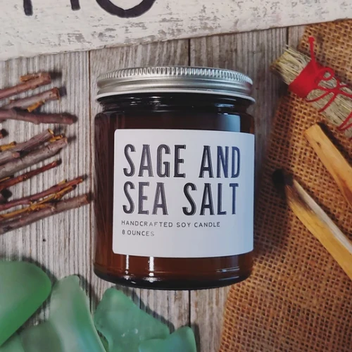 Earth & Anchor Sage and Sea Salt 8 oz soy candle in amber glass jar