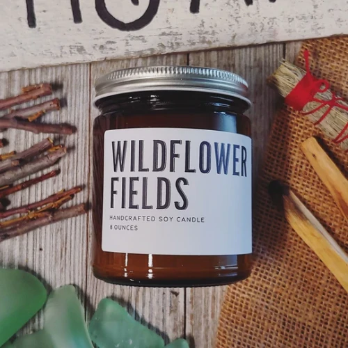 Earth & Anchor Wildflower Fields 8 oz soy candle in amber glass jar