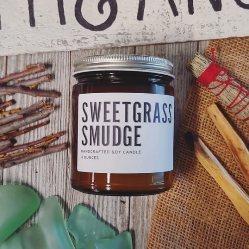 Earth & Anchor Sweetgrass Smudge 8 oz soy candle in amber glass jar