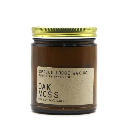 Spruce Lodge Wax Co. Oakmoss 8 oz soy candle in amber glass jar