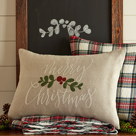 Merry Christmas on Natural Linen Lumbar Pillow