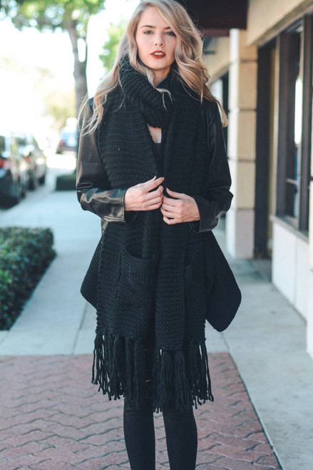 Bestselling Oversized Two Pocket Tassel Scarf in Black