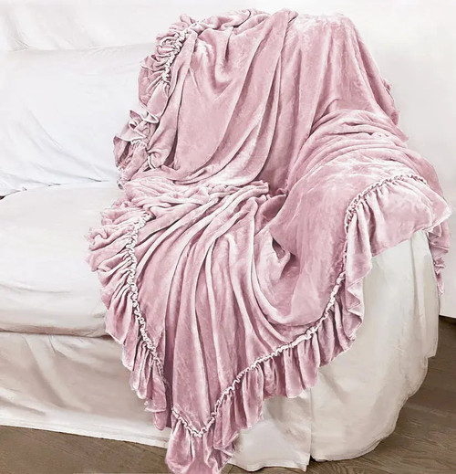 Linen Salvage Luxe Isabella Tatter Velvet Ruffle Throw - Rose Linen Salvage Luxe