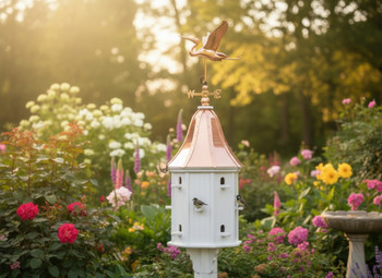 White vinyl Birdhouse with copper roof and heron weathervane 