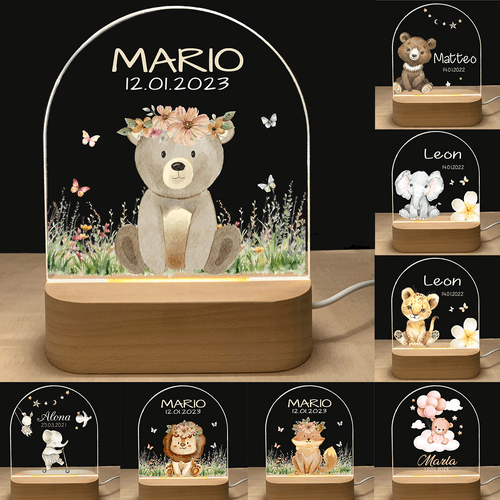 Personalisiertes Baby-Nachtlicht mit Holzsockel – USB 3D Lampe mit Namen