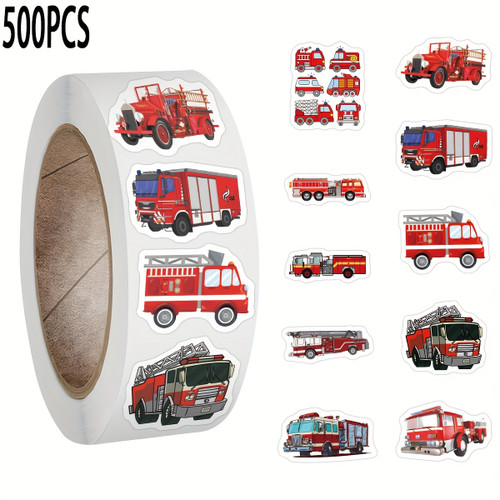 500 Feuerwehrauto Sticker – Wiederverwendbare Vinyl-Aufkleberrolle mit Cartoon-Motiven