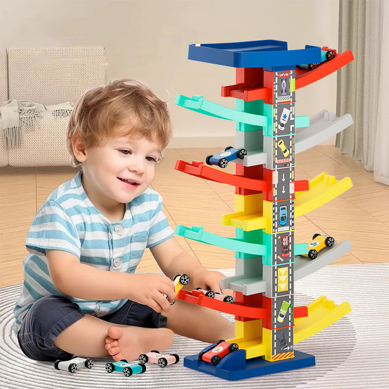 Kinder-Gleitrennbahn mit Mini-Autos – Mehrstöckige Rollbahn mit Schiebefunktion (ohne Batterien)