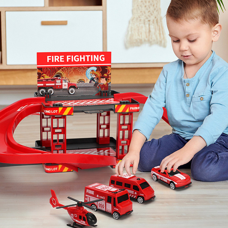 Kinder-Auto-Spielset – Parkhaus mit Feuerwehr, Polizei, Baufahrzeugen & Dinosaurierauto