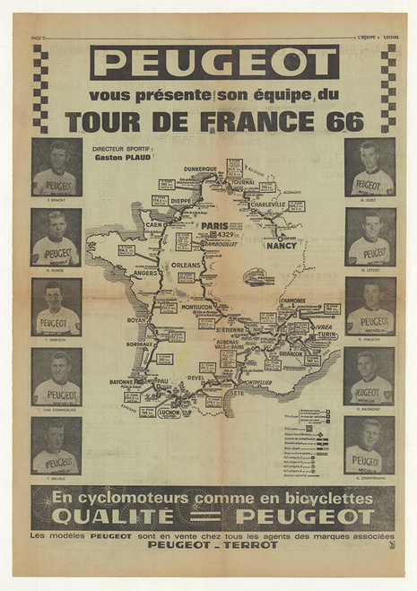 1966 Tour de France Peugeot Original Vintage Bicycle Poster
