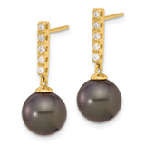 14k 9-10mm Black Round Tahitian Saltwater Cultured Pearl and .20 Carat Diamond Post Dangle Earrings