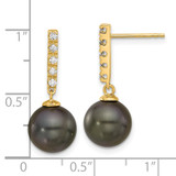 14k 9-10mm Black Round Tahitian Saltwater Cultured Pearl and .20 Carat Diamond Post Dangle Earrings