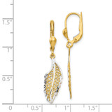 14K and Rhodium Polished and Textured Leaf Leverback Earrings
