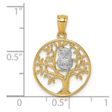14k and Rhodium Textured Owl Sitting In Tree In Circle Pendant