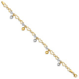 14K and White Rhodium Polished Dangles and Diamond-cut Heart Links 7.25 inch Bracelet