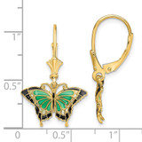14K Butterfly w/ Green Enameled Wings Leverback Earrings