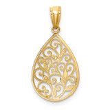 14K Gold Polished and Textured Small Filigree Teardrop Pendant