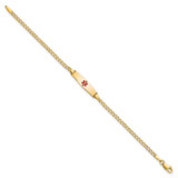 14k Medical Semi-Solid Chain/Solid Plate 20x5mm Soft Diamond Shape Centered Red Enamel Cuban Link 6 inch Baby/Child ID Bracelet