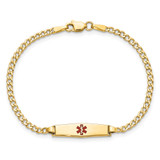 14k Medical Semi-Solid Chain/Solid Plate 20x5mm Soft Diamond Shape Centered Red Enamel Cuban Link 6 inch Baby/Child ID Bracelet
