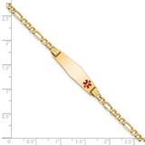 14K Medical Semi-Solid Chain/Solid Plate 26x7mm Soft Diamond Shape Off-Center Red Enamel Figaro Link 8 inch ID Bracelet