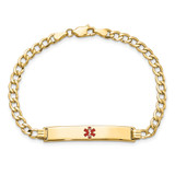 14K Medical Semi-Solid Chain/Solid Plate 34x6mm Centered Red Enamel Curb Link 7 inch ID Bracelet