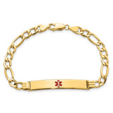 14K Medical Semi-Solid Chain/Solid Plate 37x6mm Centered Red Enamel Figaro Link 7 inch ID Bracelet