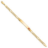 14K Medical Semi-Solid Chain/Solid Plate 37x6mm Off-Center Red Enamel Figaro Link 8 inch ID Bracelet