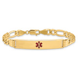 14K Medical Semi-Solid Chain/Solid Plate 38x9mm Centered Red Enamel Figaro Link 8 inch ID Bracelet