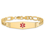 14K Medical Semi-Solid Chain/Solid Plate Soft Diamond Shape 40x12mm Centered Red Enamel Figaro Link 8 inch ID Bracelet
