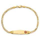 14K Medical Solid Chain/Solid Plate 26x7mm Soft Diamond Shape Off-Center Red Enamel Figaro Link 8 inch ID Bracelet