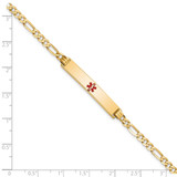 14K Medical Solid Chain/Solid Plate 34x6mm Centered Red Enamel Flat Figaro Link 8 inch ID Bracelet