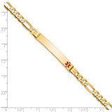 14K Medical Solid Chain/Solid Plate 37x6mm Off-Center Red Enamel Flat Figaro 8 inch Link ID Bracelet