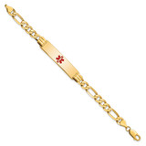 14K Medical Solid Chain/Solid Plate 40x10mm Centered Red Enamel Flat Figaro Link 8 inch ID Bracelet