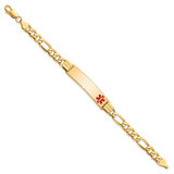 14K Medical Solid Chain/Solid Plate 40x10mm Off-Center Red Enamel Flat Figaro Link 8 inch ID Bracelet