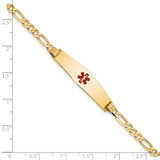 14K Medical Solid Chain/Solid Plate Soft Diamond Shape 33x8mm Centered Red Enamel Flat Figaro Link 7 inch ID Bracelet - XM-0CAFE918-8152
