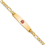14K Medical Solid Chain/Solid Plate Soft Diamond Shape 33x8mm Centered Red Enamel Flat Figaro Link 7 inch ID Bracelet - XM-113F2235-4074
