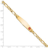 14K Medical Solid Chain/Solid Plate Soft Diamond Shape 33x8mm Off-Center Red Enamel Flat Figaro Link 7 inch ID Bracelet - XM-39C5A8C8-3254