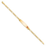 14K Medical Solid Chain/Solid Plate Soft Diamond Shape 33x8mm Off-Center Red Enamel Flat Figaro Link 8 inch ID Bracelet - XM-DF601E5F-1014