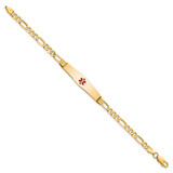14K Medical Solid Chain/Solid Plate Soft Diamond Shape 36x9mm Centered Red Enamel Figaro Link 7 inch ID Bracelet