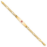 14K Medical Solid Chain/Solid Plate Soft Diamond Shape 36x9mm Centered Red Enamel Flat Figaro Link 8 inch ID Bracelet