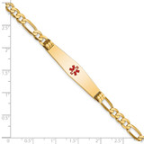 14K Medical Solid Chain/Solid Plate Soft Diamond Shape 36x9mm Centered Red Enamel Flat Figaro Link 8 inch ID Bracelet