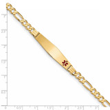 14K Medical Solid Chain/Solid Plate Soft Diamond Shape 36x9mm Off-Center Red Enamel Flat Figaro Link 8 inch ID Bracelet
