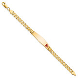 14K Medical Solid Chain/Solid Plate Soft Diamond Shape 38x9mm Off-Center Red Enamel Curb Link 8 inch ID Bracelet