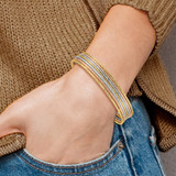 14K Oversize Tri-color Polished and Textured with Dangle Heart 7-Strand 11.00mm Slip-on Round Bangle Bracelet - DB-CB3353FC-6496